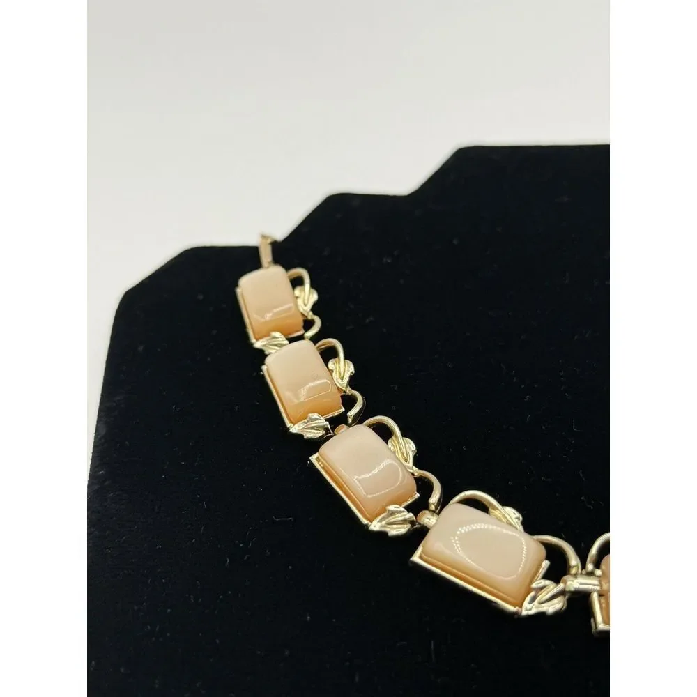 VTG Choker Champagne Beige Thermoset Lucite‎ Baguette Links Gold Tone Metal 17